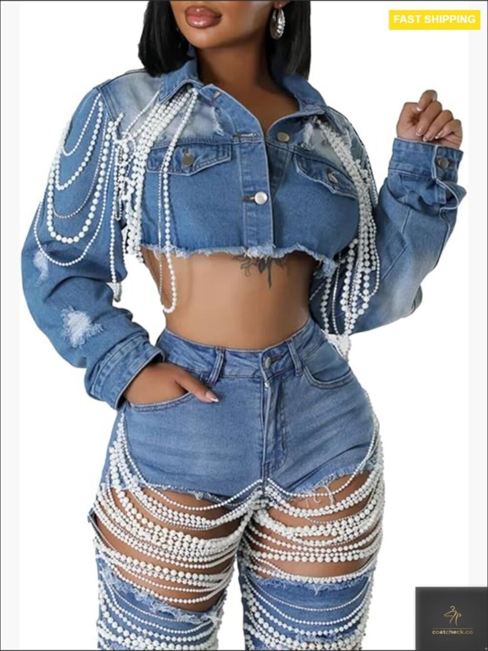 Cropped Denim Jacket Long Sleeve Pearl Distressed Y2K Streetwear Chic